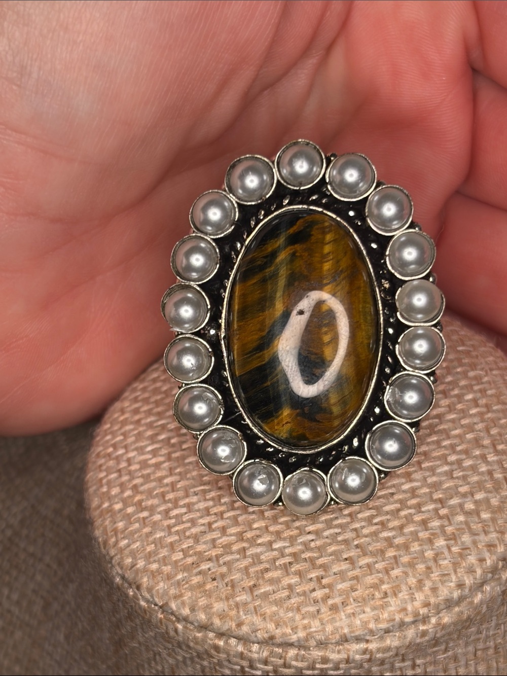 Oval Tiger's Eye Statement Ring with Pearl Accents - Sz 6